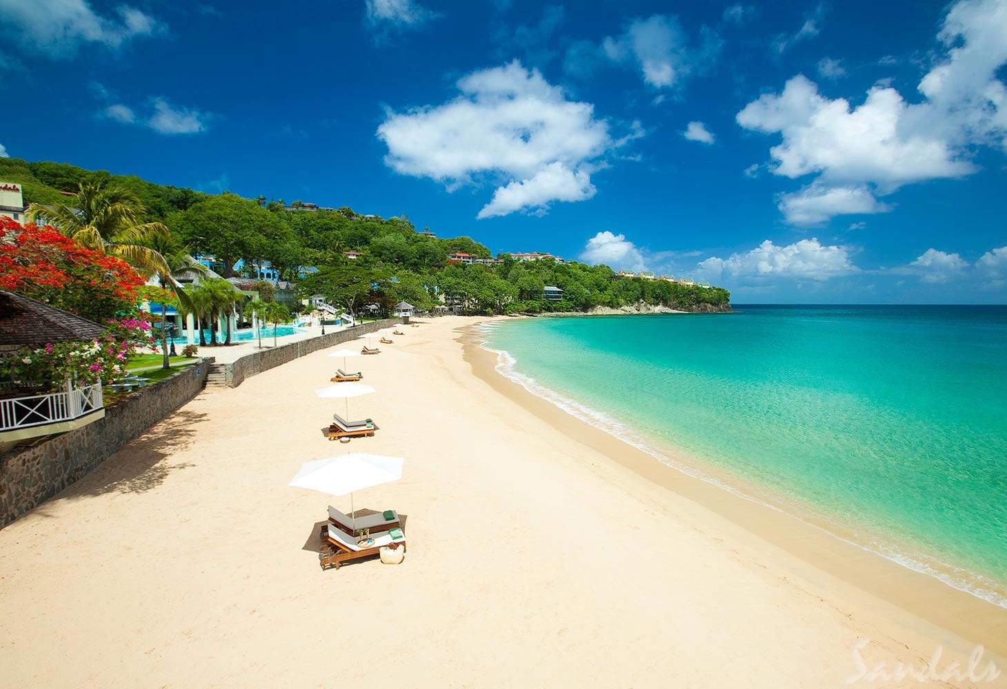Sandals Regency La Toc. Sandals Regency La Toc. The Sandals Regency La Toc resort is one of the most glamorous adults-only resorts in the Caribbean. This magnificent resort sits on 220 acres of property with its own half-mile, crescent-shaped beach. You will find rolling fairways along with lush hillsides and coral bluffs here, along with an executive-style golf course (explore the best golf courses in the Caribbean if you're a golfer). All rooms offer stunning views, and you can choose to stay at 1 and play at 3 with the included exchange program. .