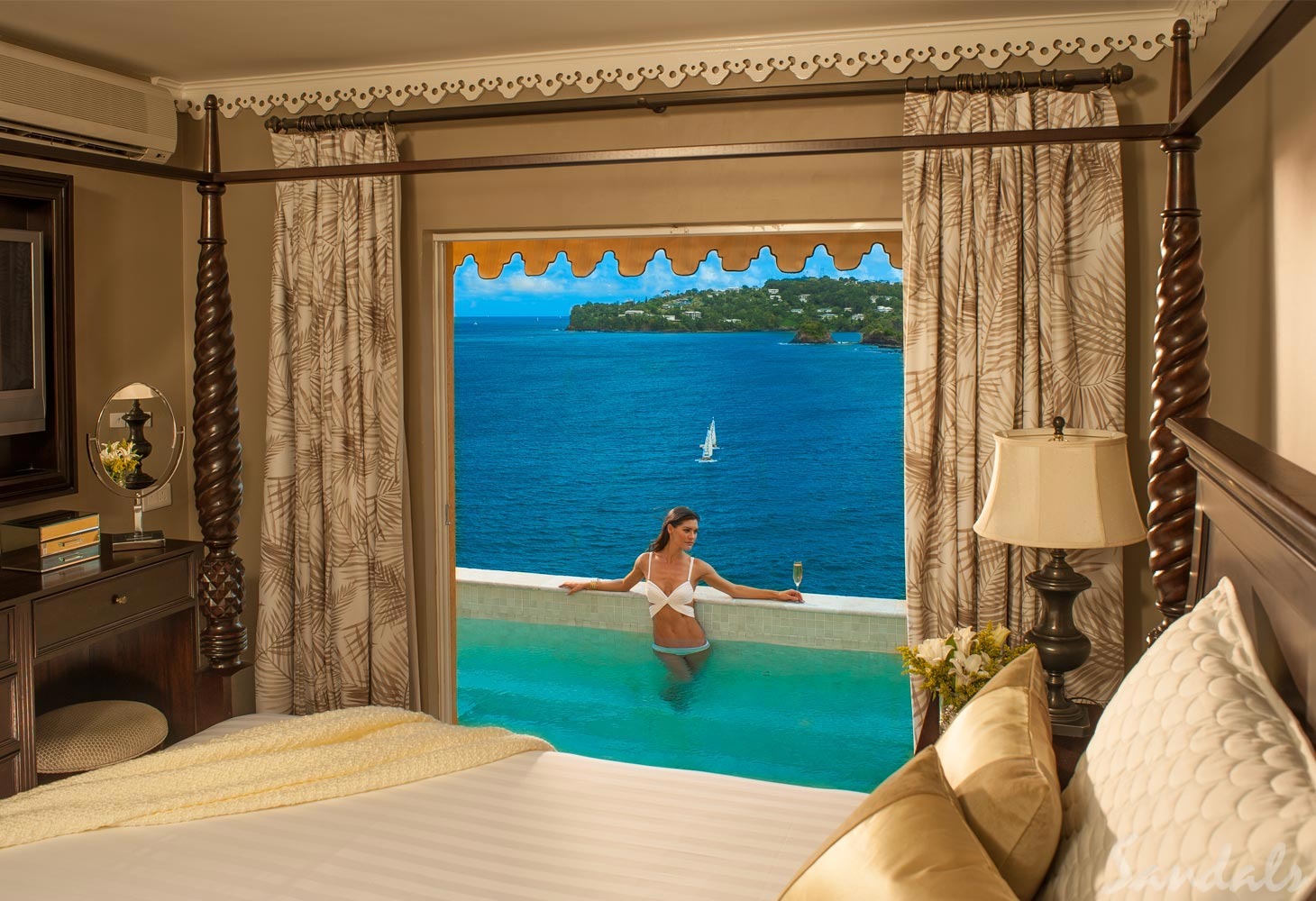 Sandals Regency La Toc. Sandals Regency La Toc. The Sandals Regency La Toc resort is one of the most glamorous adults-only resorts in the Caribbean. This magnificent resort sits on 220 acres of property with its own half-mile, crescent-shaped beach. You will find rolling fairways along with lush hillsides and coral bluffs here, along with an executive-style golf course (explore the best golf courses in the Caribbean if you're a golfer). All rooms offer stunning views, and you can choose to stay at 1 and play at 3 with the included exchange program. .