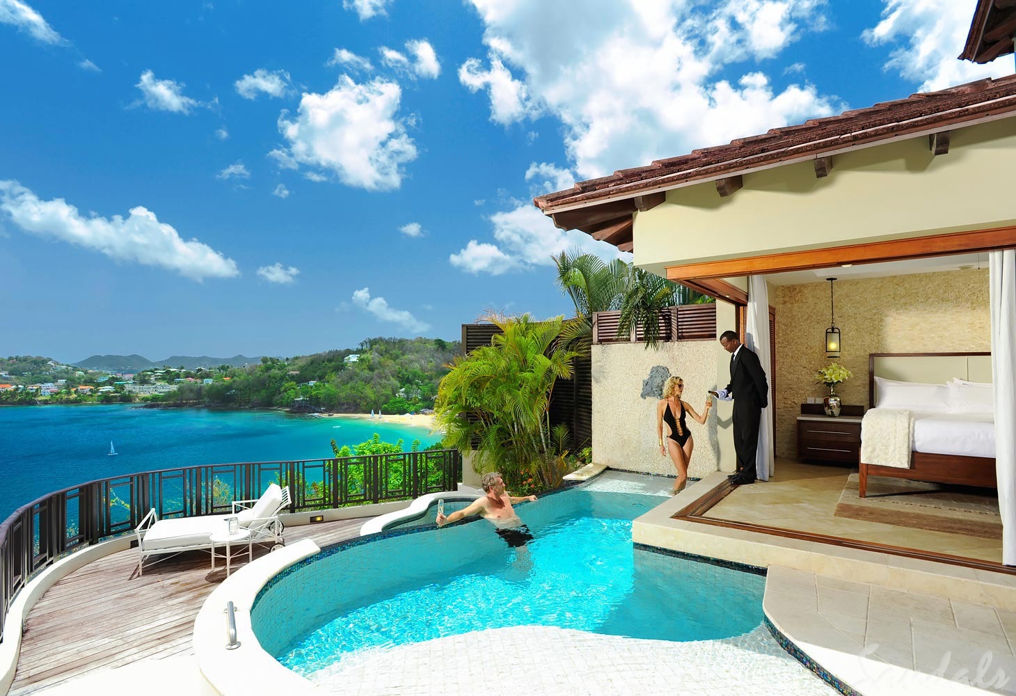Sandals Regency La Toc. Sandals Regency La Toc. The Sandals Regency La Toc resort is one of the most glamorous adults-only resorts in the Caribbean. This magnificent resort sits on 220 acres of property with its own half-mile, crescent-shaped beach. You will find rolling fairways along with lush hillsides and coral bluffs here, along with an executive-style golf course (explore the best golf courses in the Caribbean if you're a golfer). All rooms offer stunning views, and you can choose to stay at 1 and play at 3 with the included exchange program. .