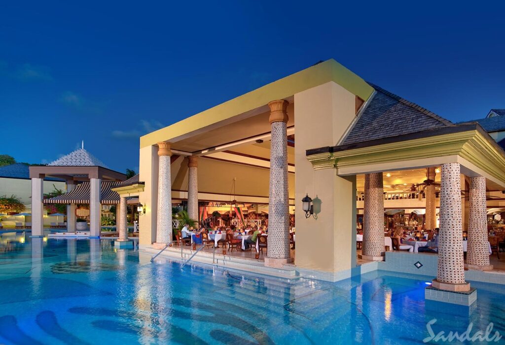 Sandals Regency La Toc. Sandals Regency La Toc. The Sandals Regency La Toc resort is one of the most glamorous adults-only resorts in the Caribbean. This magnificent resort sits on 220 acres of property with its own half-mile, crescent-shaped beach. You will find rolling fairways along with lush hillsides and coral bluffs here, along with an executive-style golf course (explore the best golf courses in the Caribbean if you're a golfer). All rooms offer stunning views, and you can choose to stay at 1 and play at 3 with the included exchange program. .