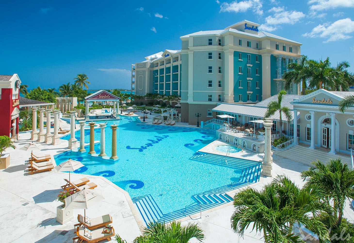 Sandals Royal Bahamian. Sandals Royal Bahamian. Consider Sandals Royal Bahamian an exclusive escape to the Bahamas. This resort is luxurious, sitting on a beachfront property offering a private island offshore and a blend of European sophistication. It is one of the most elegant Sandals resorts offering 5-star gourmet dining, award-winning Red Lane Spa, Crystal Lagoon Swim-Up Suites offering butler service, two gorgeous white sand beaches and so much more!.