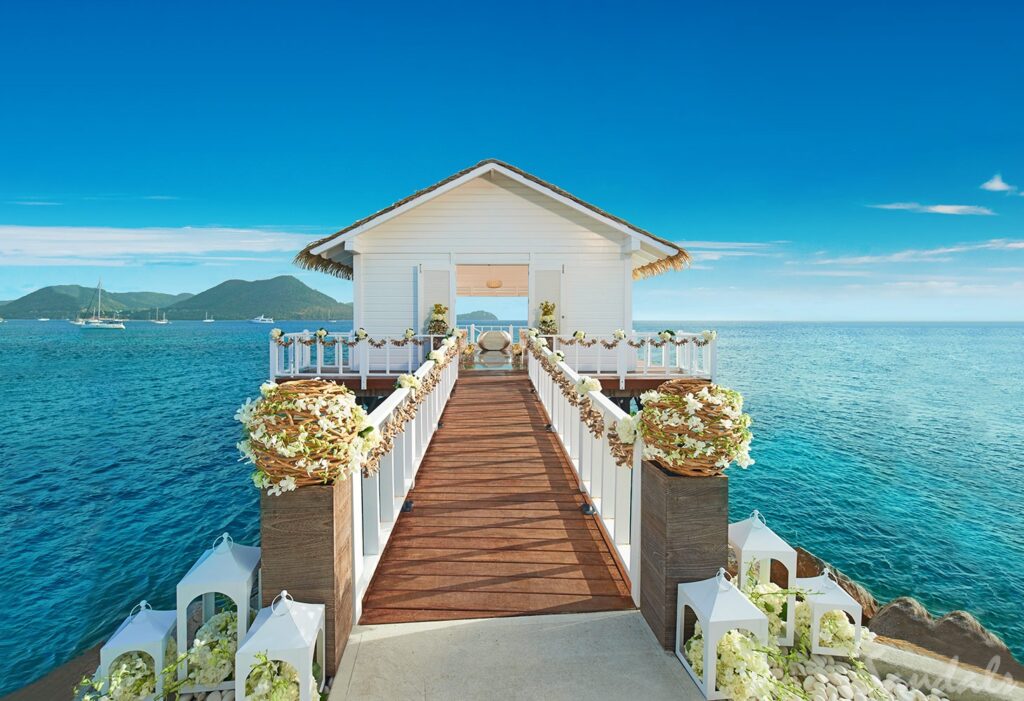 saint lucia. Sandals Grande St. Lucian. Located on its very own peninsula, Sandals Grande St. Lucian is where you need to be if you are looking for a postcard vacation. You will find this resort with the calmest waters of the Atlantic Ocean nestled into the west end of Rodney Bay. You can never get enough of the views at this resort, from ocean views to views of a grass-draped mountainscape. As one of the best Sandals resorts for honeymooners, this all-inclusive Sandals Grande St. Lucian and adult--only paradise makes for a wonderful romantic vacation..