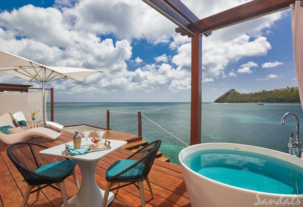 saint lucia. Sandals Grande St. Lucian. Located on its very own peninsula, Sandals Grande St. Lucian is where you need to be if you are looking for a postcard vacation. You will find this resort with the calmest waters of the Atlantic Ocean nestled into the west end of Rodney Bay. You can never get enough of the views at this resort, from ocean views to views of a grass-draped mountainscape. As one of the best Sandals resorts for honeymooners, this all-inclusive Sandals Grande St. Lucian and adult--only paradise makes for a wonderful romantic vacation..