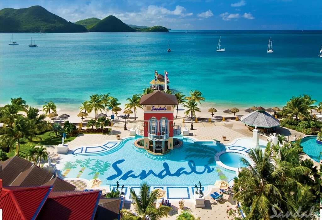 saint lucia. Sandals Grande St. Lucian. Located on its very own peninsula, Sandals Grande St. Lucian is where you need to be if you are looking for a postcard vacation. You will find this resort with the calmest waters of the Atlantic Ocean nestled into the west end of Rodney Bay. You can never get enough of the views at this resort, from ocean views to views of a grass-draped mountainscape. As one of the best Sandals resorts for honeymooners, this all-inclusive Sandals Grande St. Lucian and adult--only paradise makes for a wonderful romantic vacation..