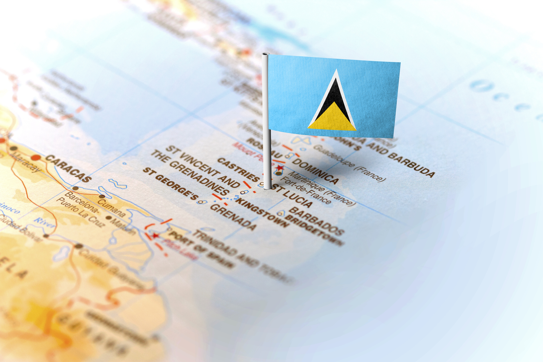 St Lucia pinned on the map with flag